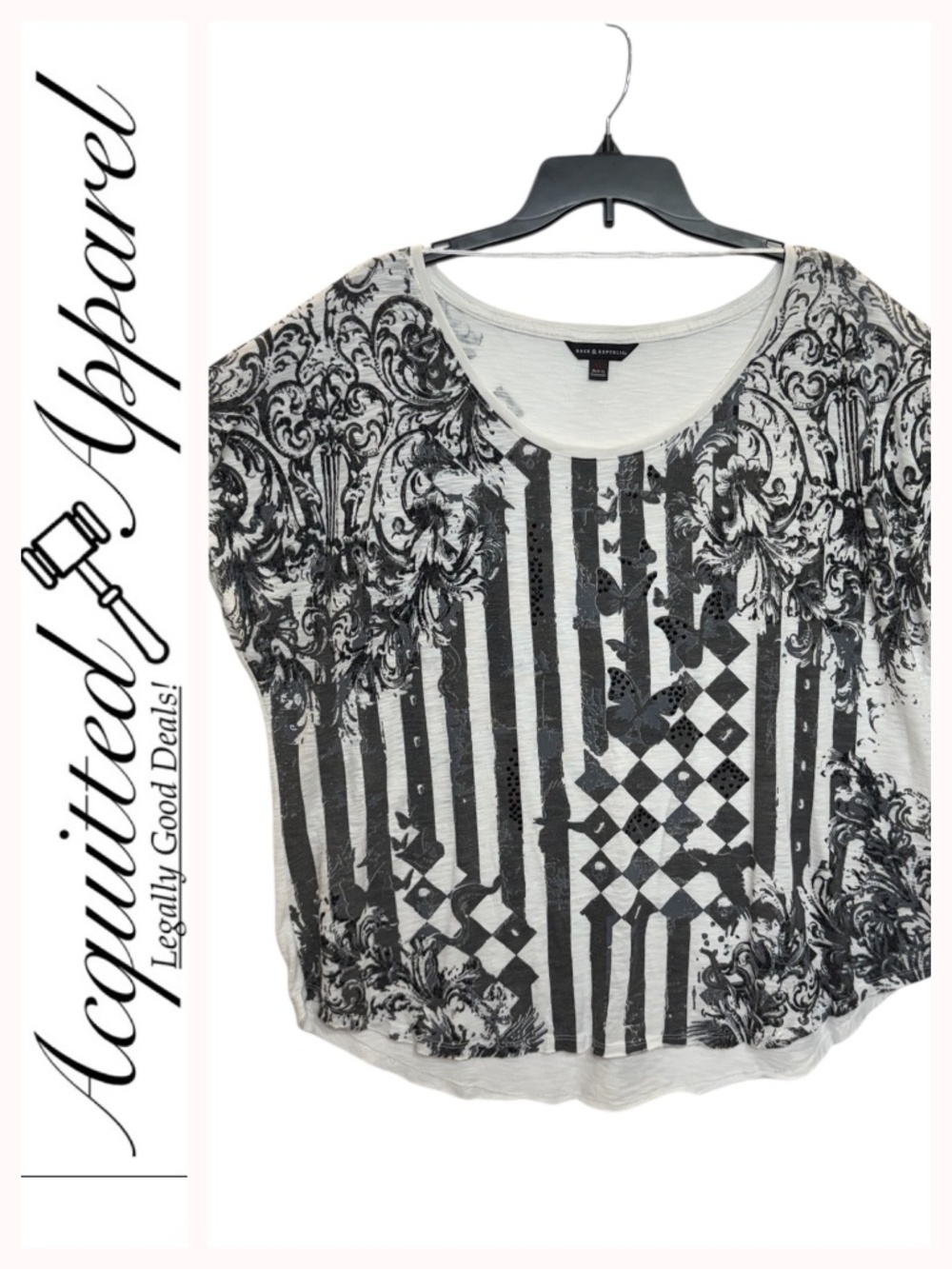 Rock & Republic Rhinestone Butterfly Stripes Checker Cap Sleeve Top